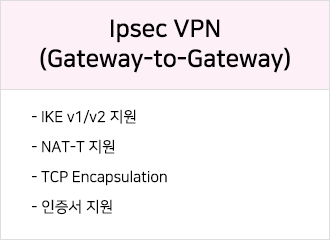 IPsec VPN (Gateway-to-Gateway):IKE v1/v2 지원, NAT-T 지원, TCP Encapsulation, 인증서 지원